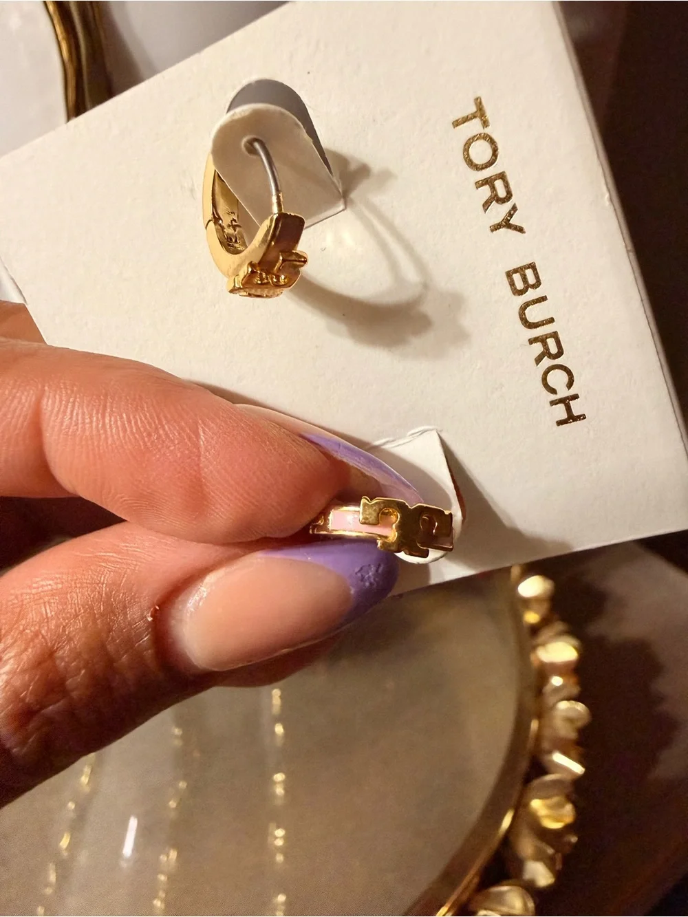 Tory Burch Gold & Pink Enamel T Mini Huggie Hoop Earrings